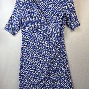 Ralph Lauren Timeless Dress Sz 10 Cobalt Ikat Faux‎ Wrap 3/4 Sleeve Office Siren